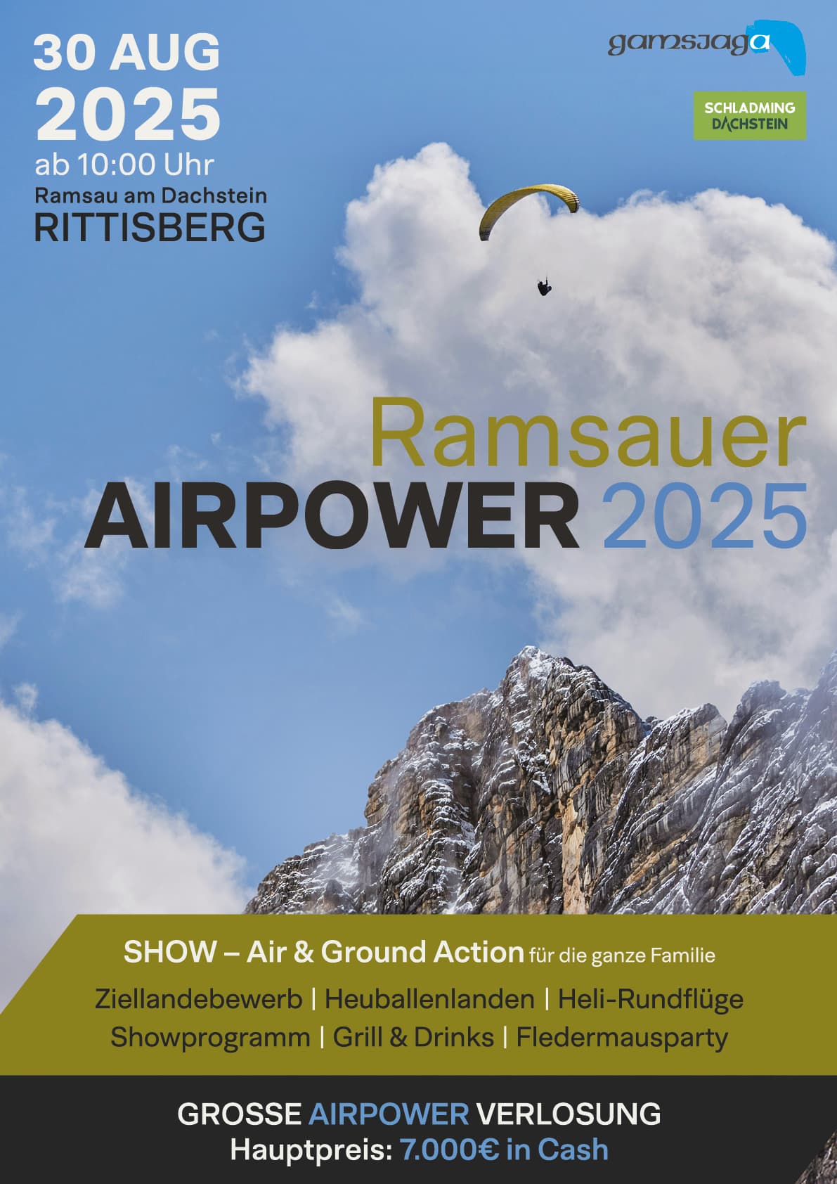 Plakat zur Veranstaltung Ramsauer Airpower 2025 mit Paragleiter vor dem Dachsteinmassiv